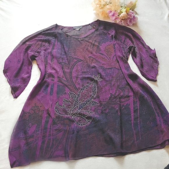 🔴 2/$20 PRETTY WOMEN Purple Top/Blouse Sheer With Jewels - Picture 1 of 11